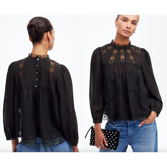 Madewell Tops - Madewell | NWT | Lace-Inset Top in Silk in True Black | Sz XXS